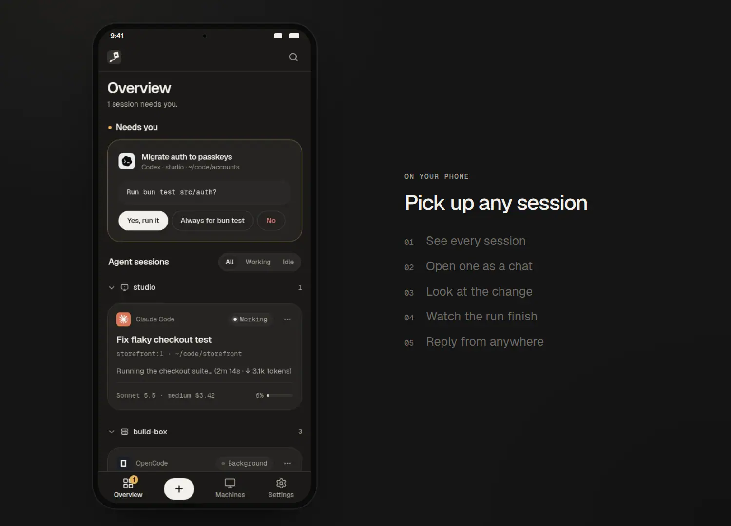 On a phone, a Claude Code session fixing a flaky checkout test opens as a chat, the edit expands into a diff, the test suite passes, and the next instruction is sent.