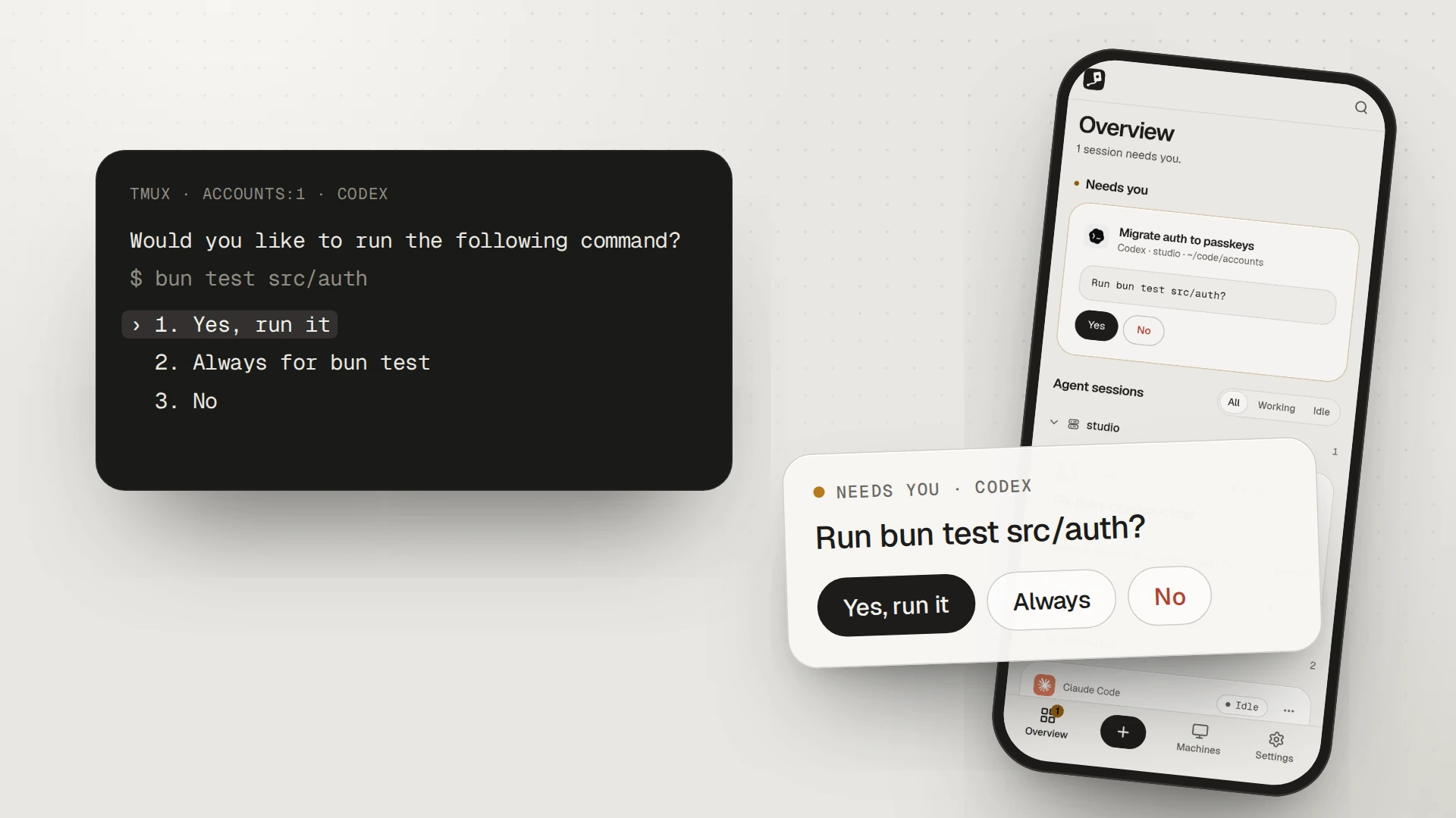Inyon in 90 seconds: a coding agent asks a question in tmux, and the answer is tapped on a phone